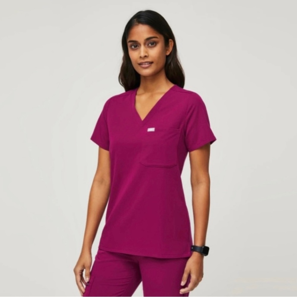 Figs Catrina One Pocket Scrub Top XS Dark Magenta